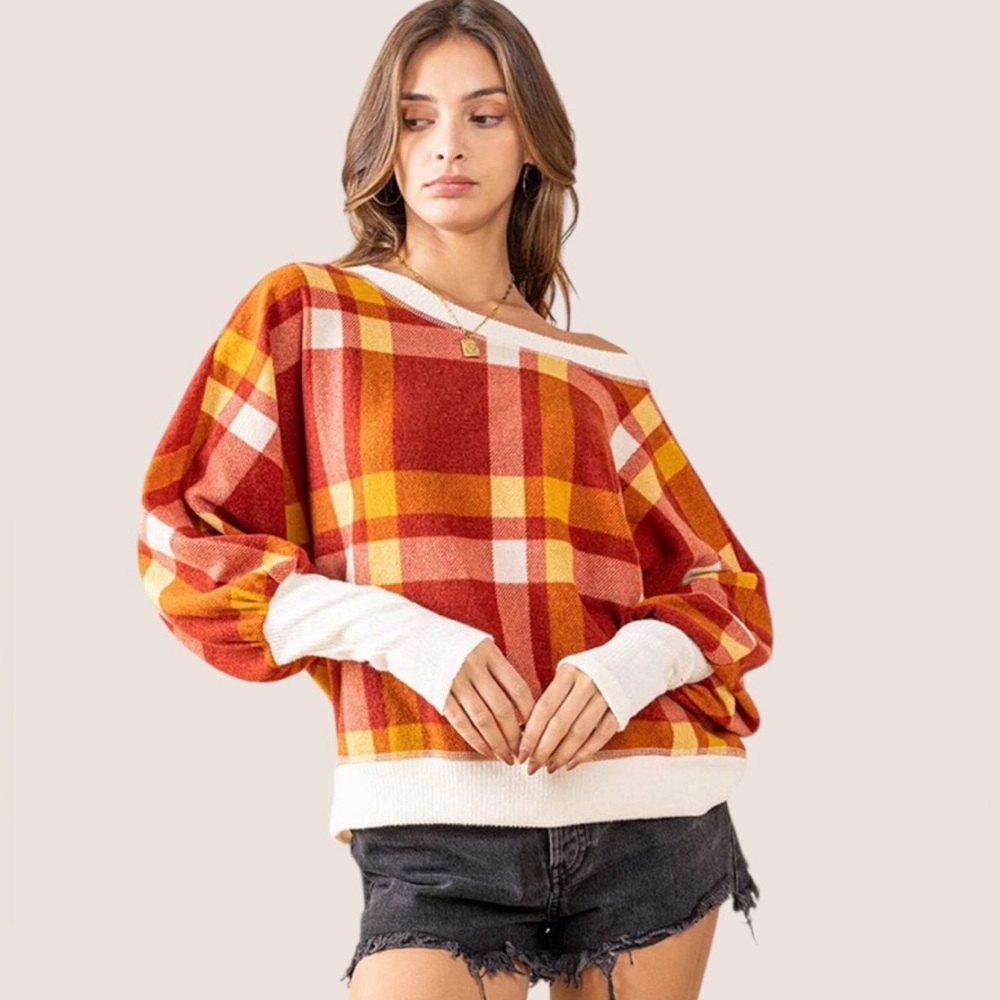 Ces Femme Red Orange Plaid Sweater - Balloon Sleeve Large